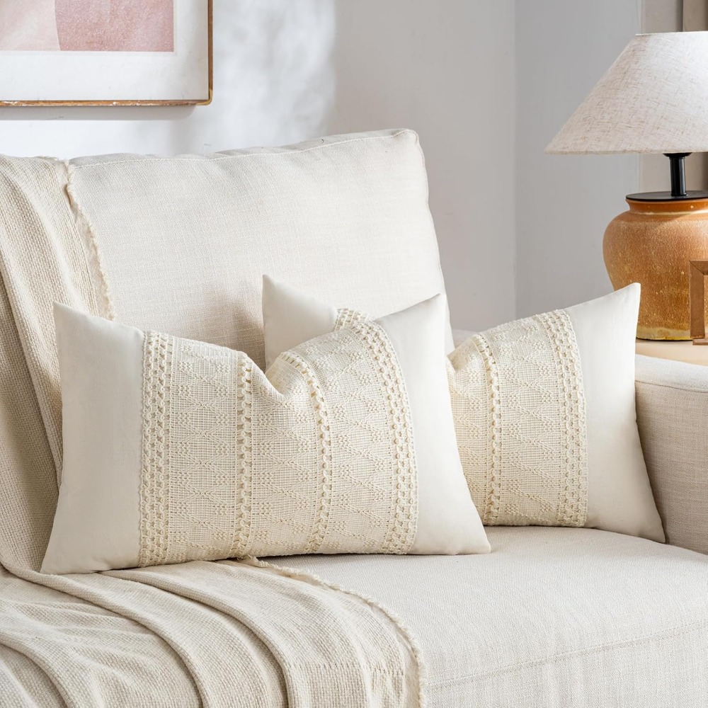 Decorative Throw Pillow - Boho Krem Bel Yastığı Kılıfı 12x20