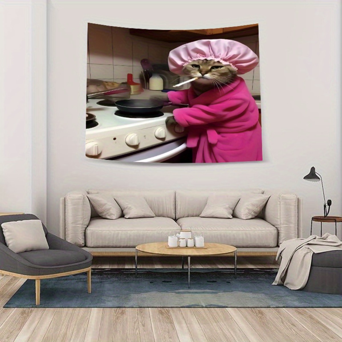 Home Decor Minimalist Style - Kedi Şef Pembe Robe duvar halısı