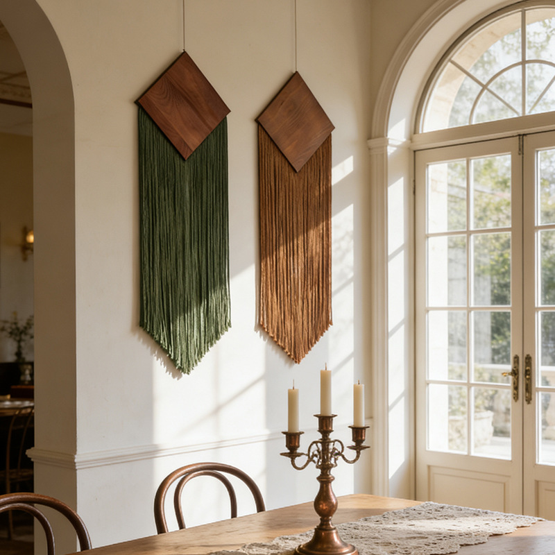 Macrame Wall Hanging - Bohem Pamuklu Halat Dokuma Goblen, Uçlu